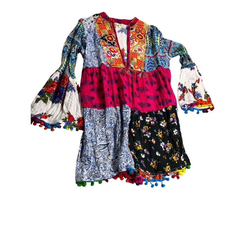 Anandas Collection Boho Patchwork Tunic Dress Embroidered Tassel Pom Pom Medium